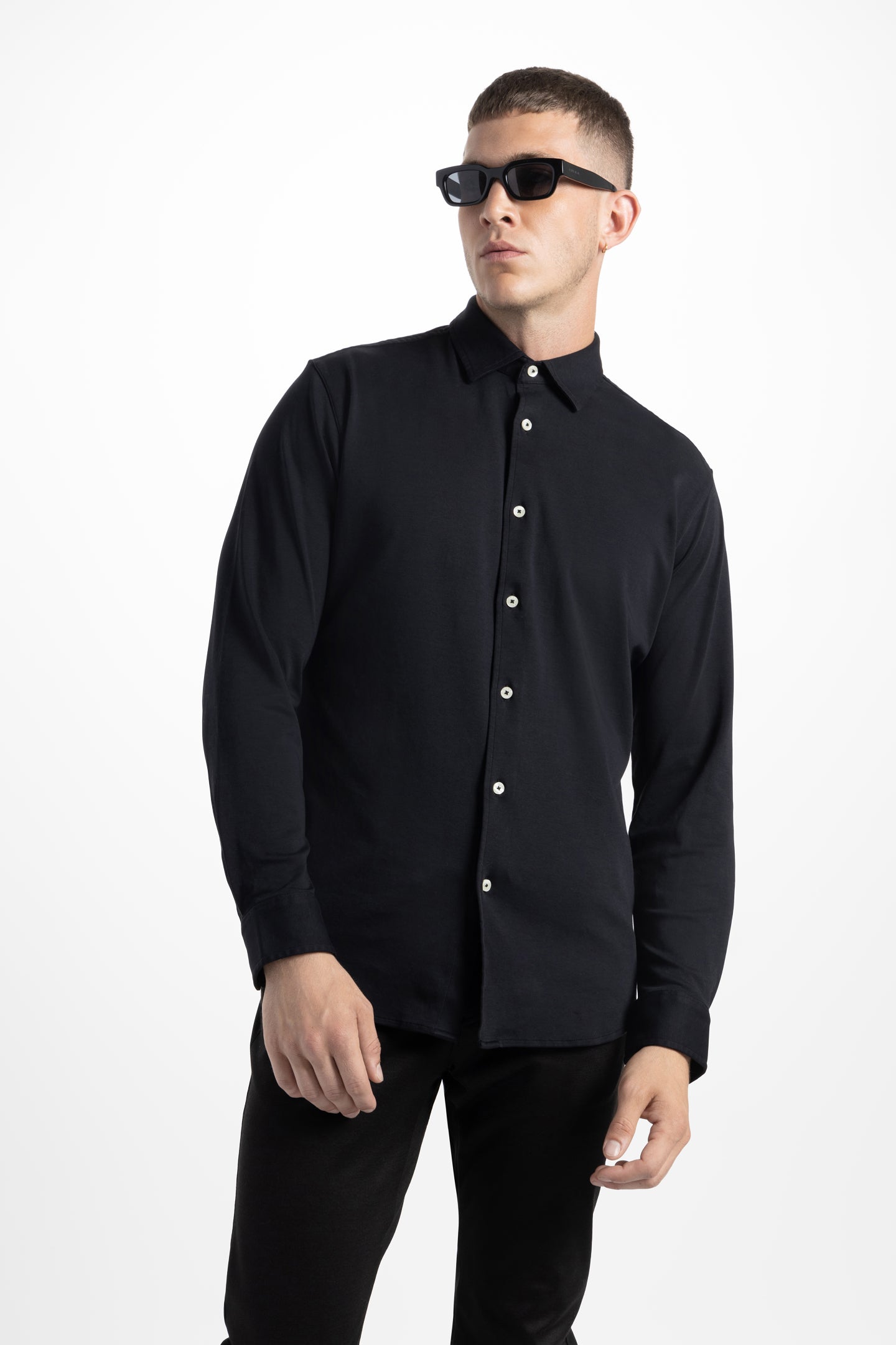 Soft Cloth Point Collar Shirt in Luxe Interlock - Black