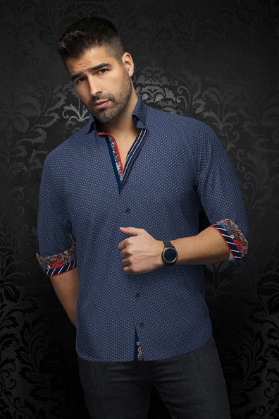 Au Noir 360° Stretch Shirt | SAUTOR, Navy/Red - Caswell's Fine Menswear